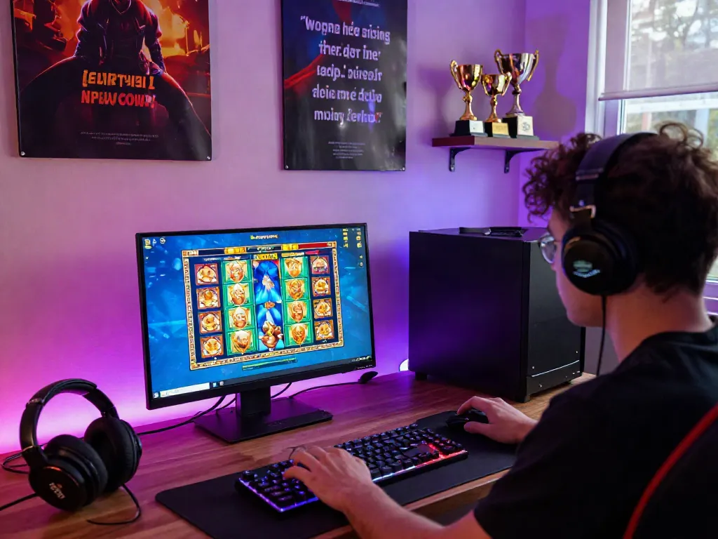 Player enjoying KOITOTO slots on a laptop in a vibrant gaming setup.