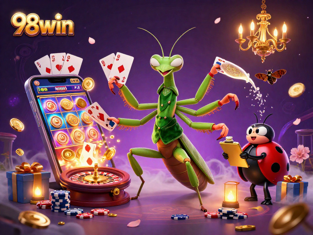 Experience thrilling gameplay at 98win as characters handle cards and chips amidst vibrant slot games.
