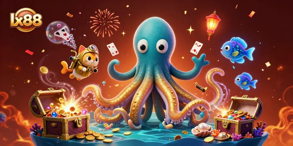 Experience the thrilling world of lx88 with a kraken and diving cat treasure hunting in a vibrant casino-themed underwater scene.