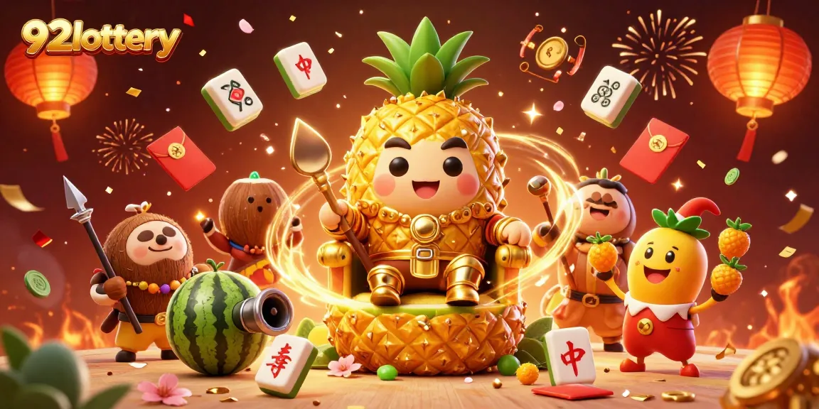92lottery brings excitement to the casino experience with a vibrant, festive illustration showcasing a golden pineapple king and beach-themed elements.