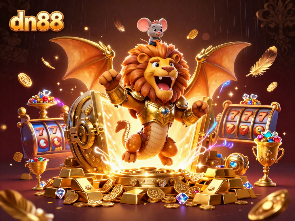 Experience thrilling wins at dn88 with 3D chimera and slot reels in a rich casino setting.