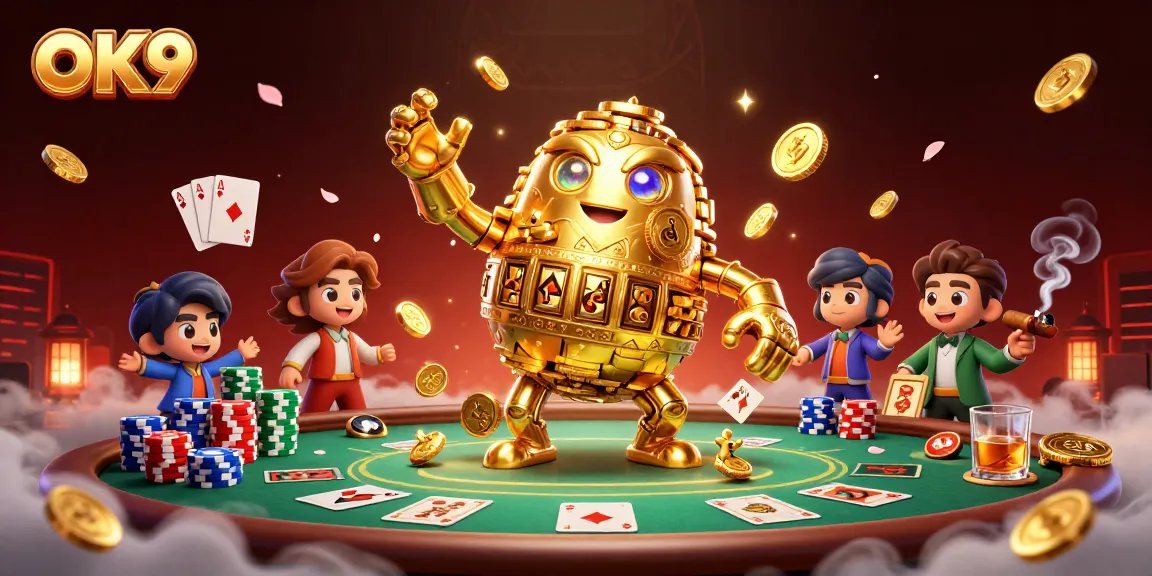 Engage in thrilling casino games at OK9 with an enchanting golem amidst a vibrant gambling scene.