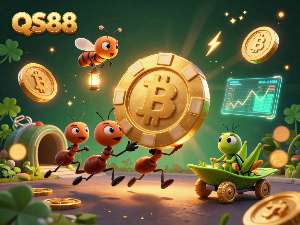 Experience the thrill of QS88 with a whimsical team of ants executing a heist in this vibrant casino illustration.