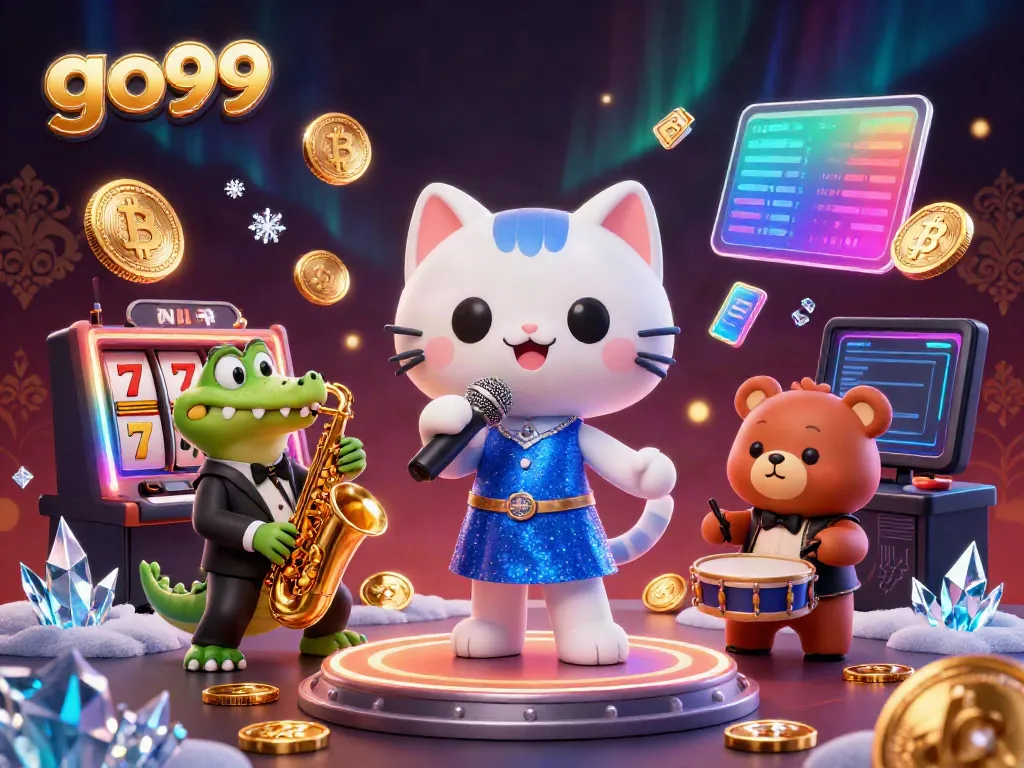 Engage in thrilling casino action with go99's vibrant 3D scene featuring singing cat, saxophonist crocodile, and drummer bear.