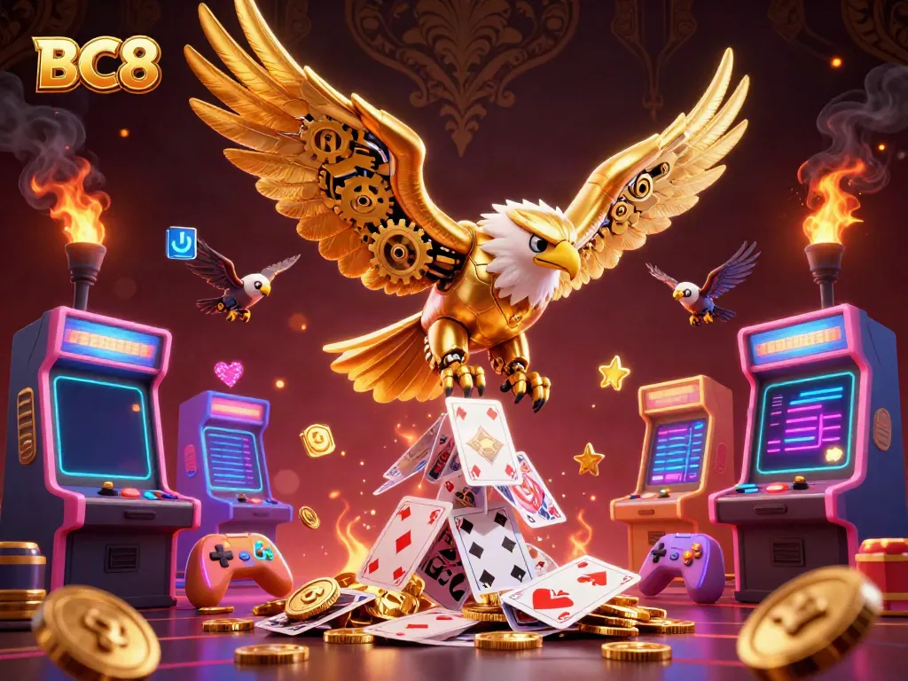 BC8 features a cybernetic golden eagle amidst a vibrant casino scene with playing cards and arcade elements.