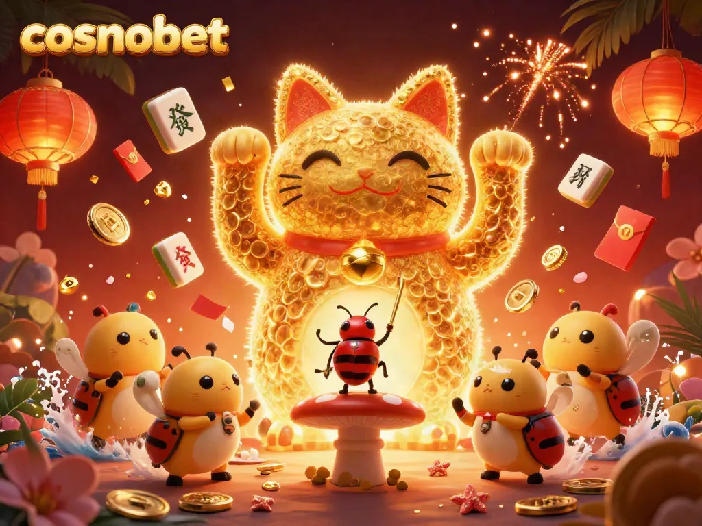 Experience the thrill of cosmobet with vibrant casino-themed 3D illustration showcasing lucky symbols.