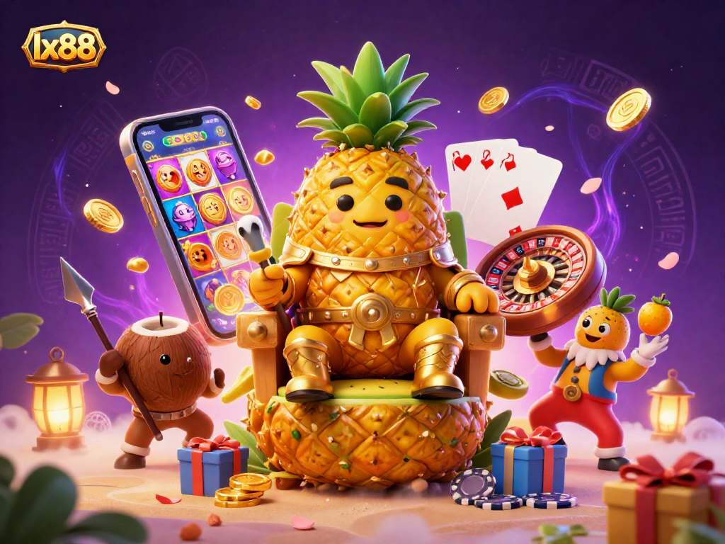 Lx88 casino illustration featuring the golden pineapple king amidst vibrant gaming elements.