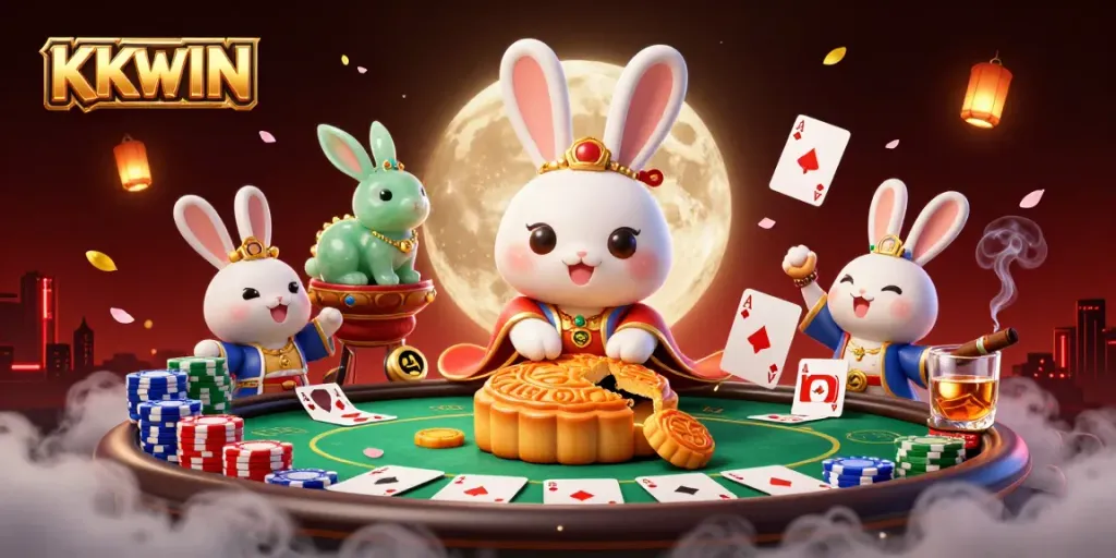 KKWIN offers a packed lunar casino scene with a moon rabbit and poker elements, showcasing thrilling gaming.