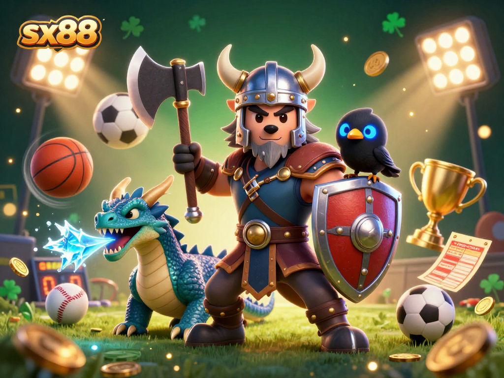 Sx88 showcases an electrifying Viking wolf warrior and dragon amidst dynamic sports elements, epitomizing thrilling betting.
