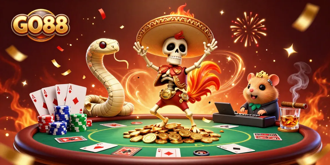 GO88 players enjoy dynamic poker action with vibrant characters dancing on coins.