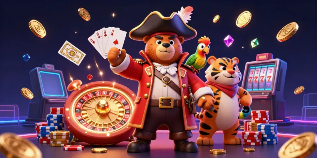 Tg88 showcases an exciting casino scene with a pirate bear, tiger, and golden treasures.