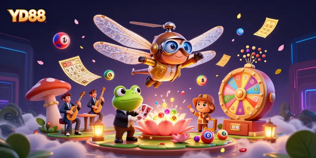 Engage with YD88's dynamic atmosphere featuring a dragonfly pilot and a frog croupier.