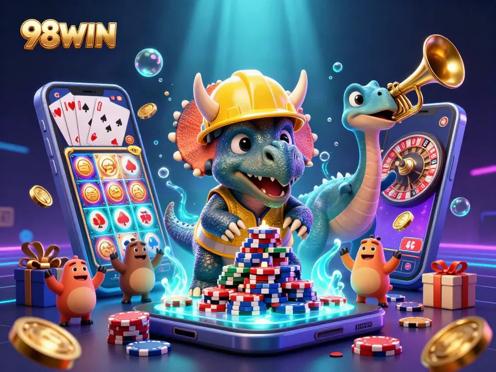 Celebrate big wins at 98WIN with a fun scene featuring gaming excitement, poker chips, and joyful characters.