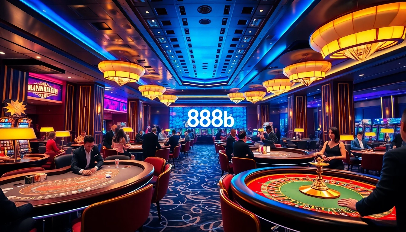 Exciting casino scene featuring players at the 888b gaming tables, showcasing poker and roulette.