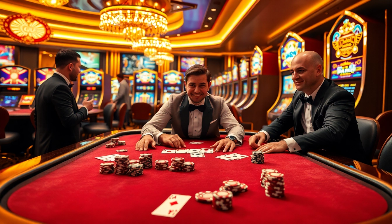 Cwin slots and poker scenes in an extravagant casino setting showcasing high stakes gaming.