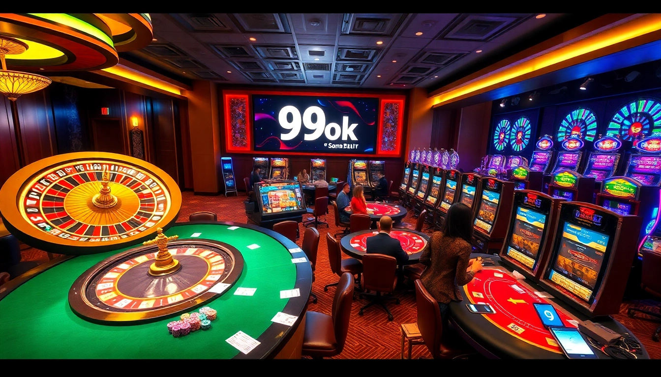 Experience the excitement of high-stakes gaming at 99ok with vibrant tables, roulette, and players.