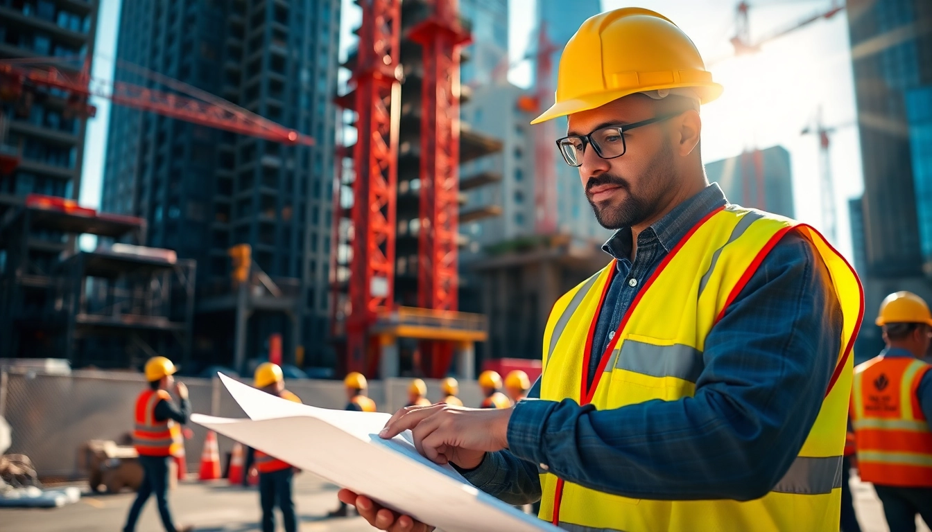 New York Construction Manager overseeing a busy construction site with workers and cranes.