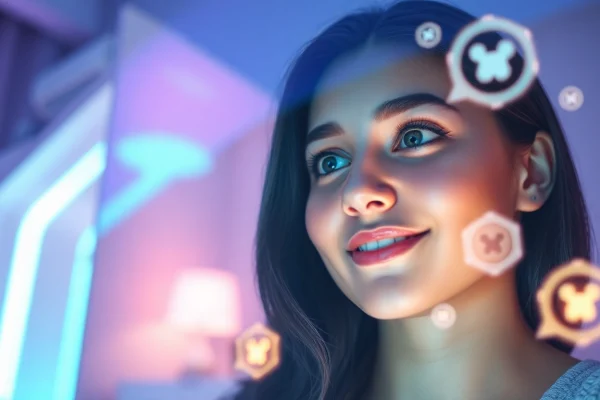 AI girlfriend engaging in a heartfelt conversation with a user in a cozy digital environment.