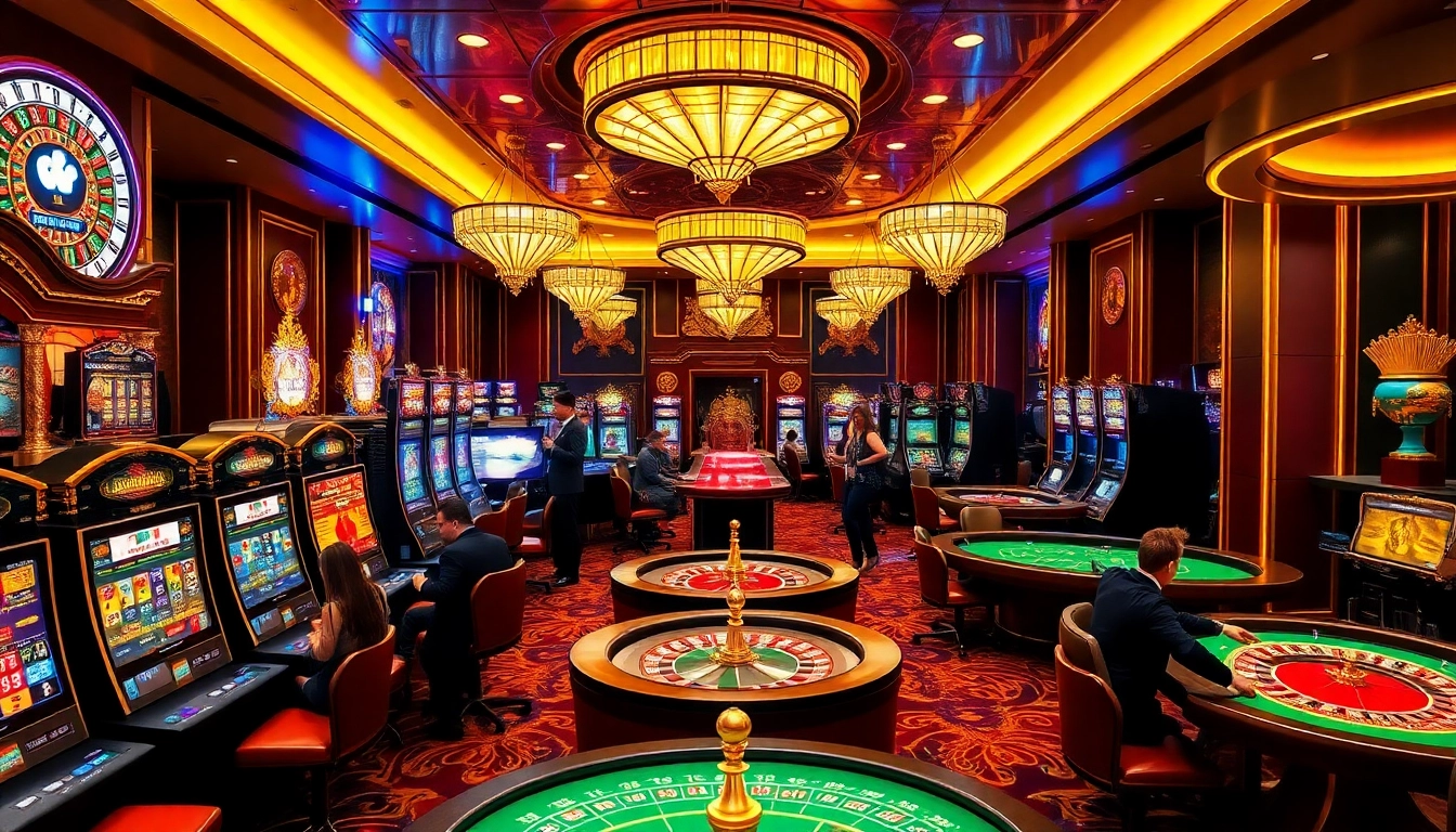 Kuwin casino atmosphere with vibrant gaming tables and excited players enjoying high-stakes action.