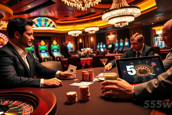 Players strategizing their next move at 555win's high-stakes poker table.