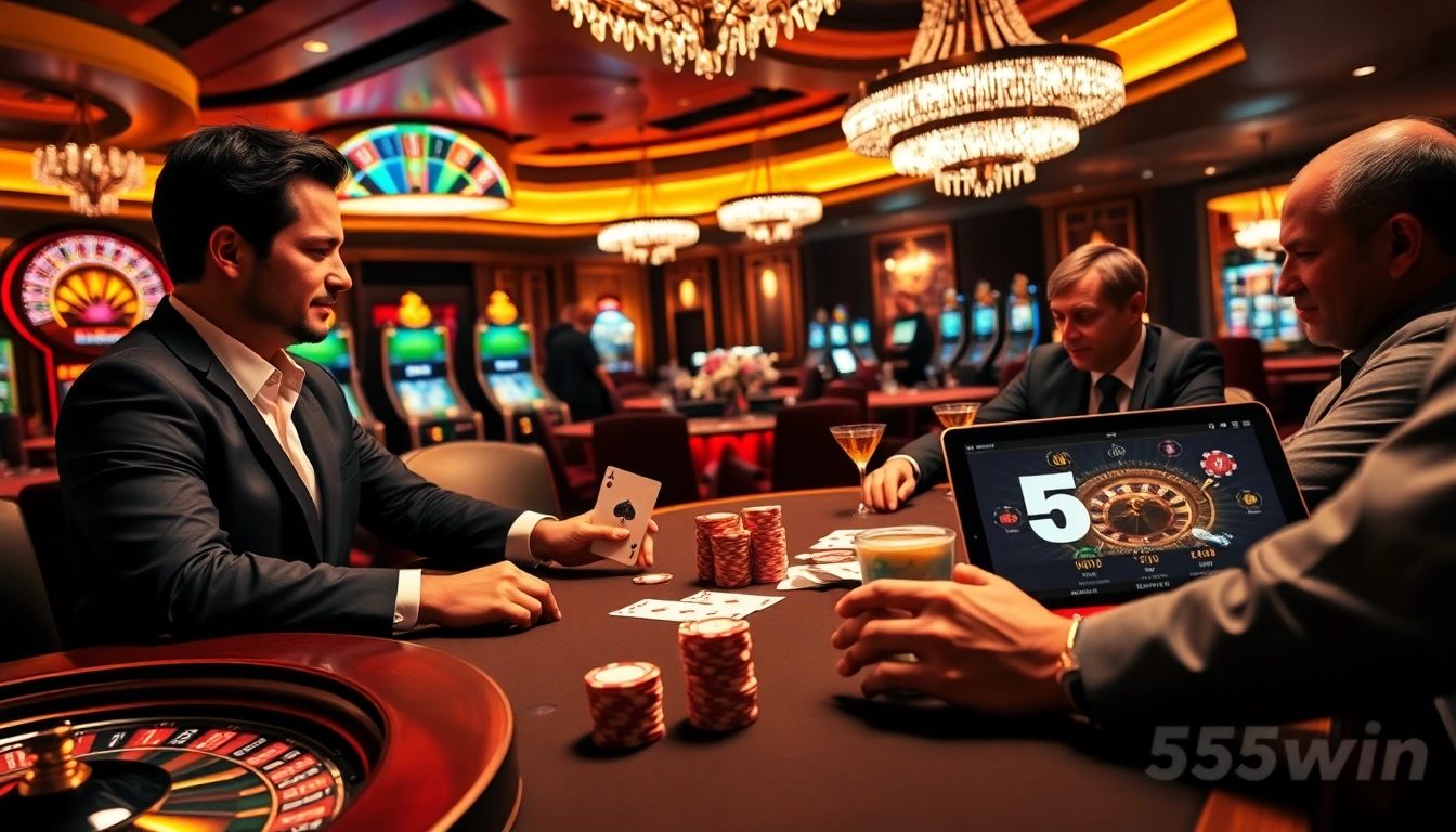 Players strategizing their next move at 555win's high-stakes poker table.