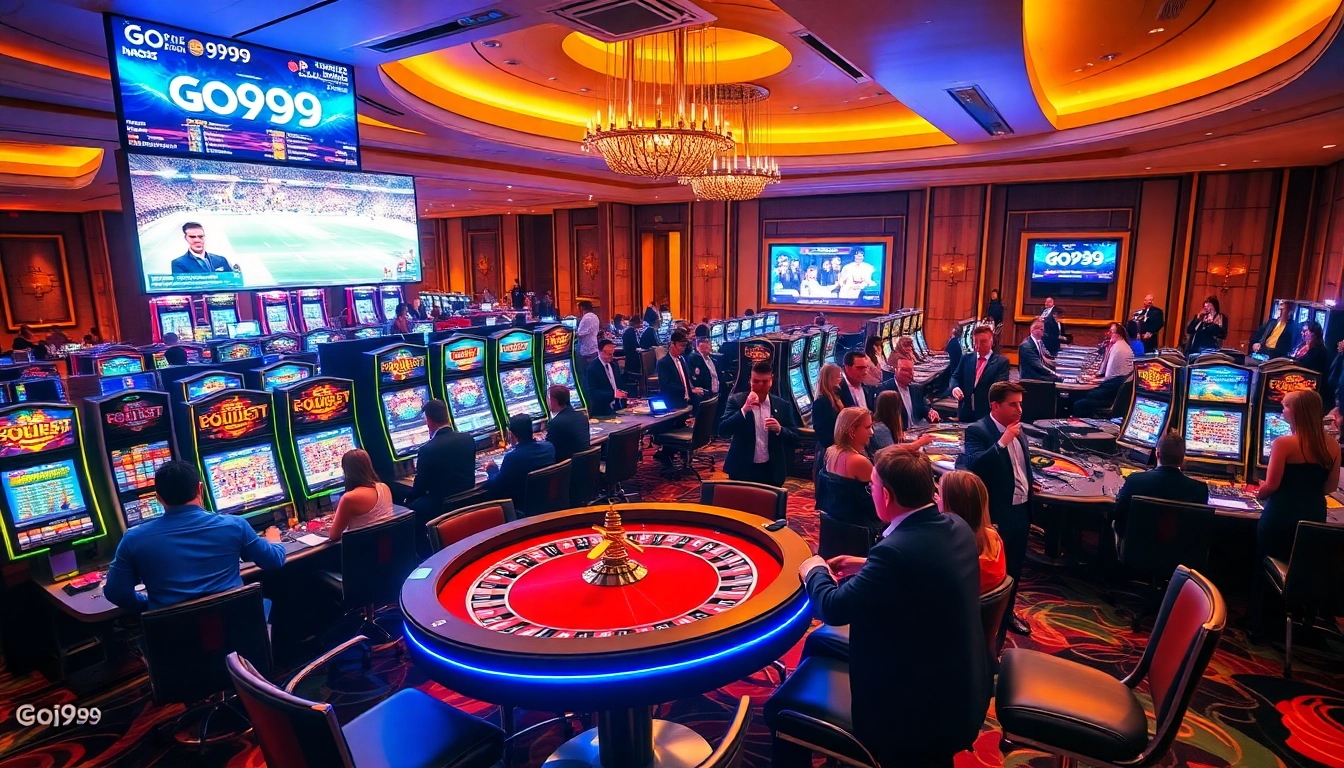 Excited players enjoying the Go99 casino gaming area with vibrant slot machines and poker tables.