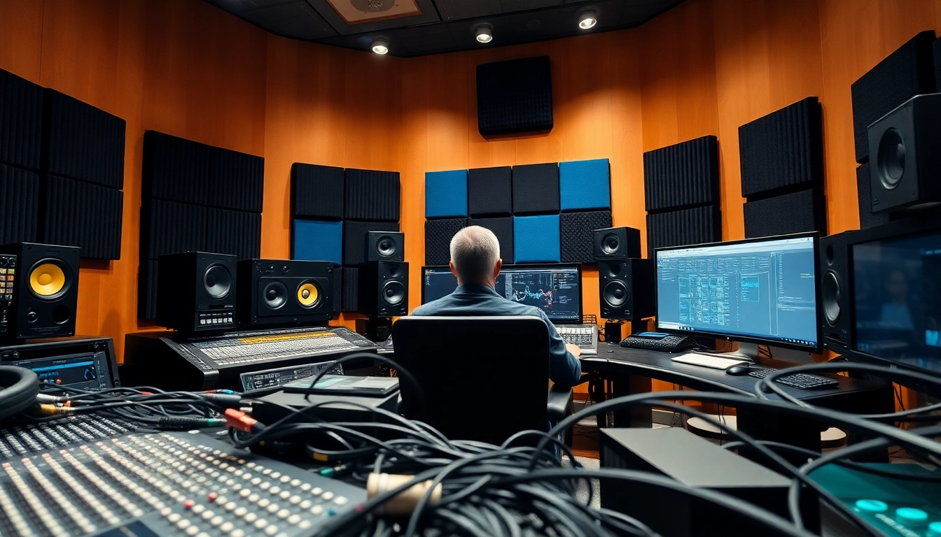 Engaging in online audio mastering at a professional studio with advanced sound equipment.