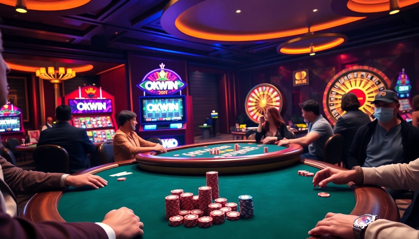 Exciting casino atmosphere featuring OKWIN poker games and vibrant slot machines.
