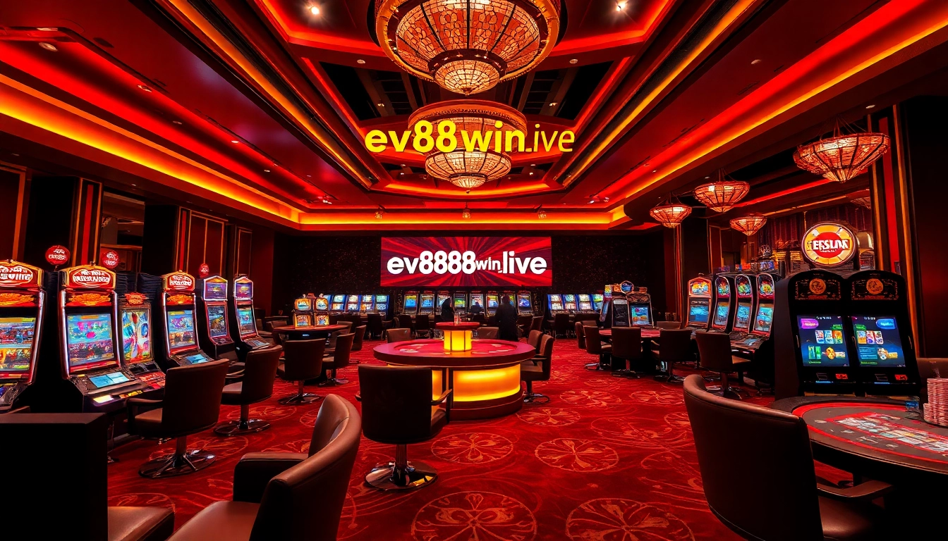 Ev88win.live online casino scene with luxurious decor and players enjoying games.