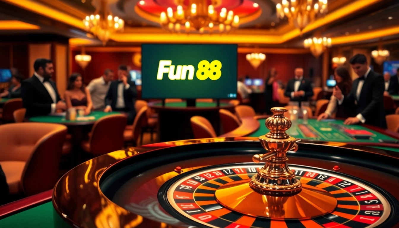 Fun 88 casino scene featuring vibrant roulette wheel and engaged players in elegant attire.