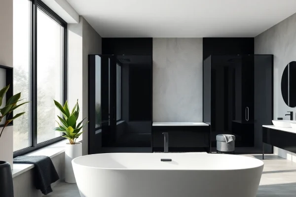 Stylish black frame shower doors showcase a modern bathroom design with sleek features.