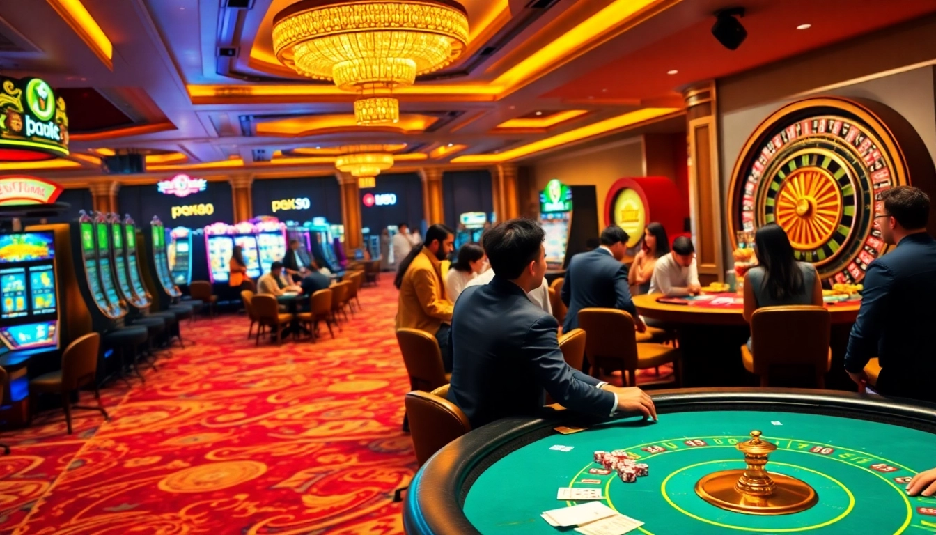 Engaged players at PG88 casino table enjoying high-stakes poker in a vibrant atmosphere.