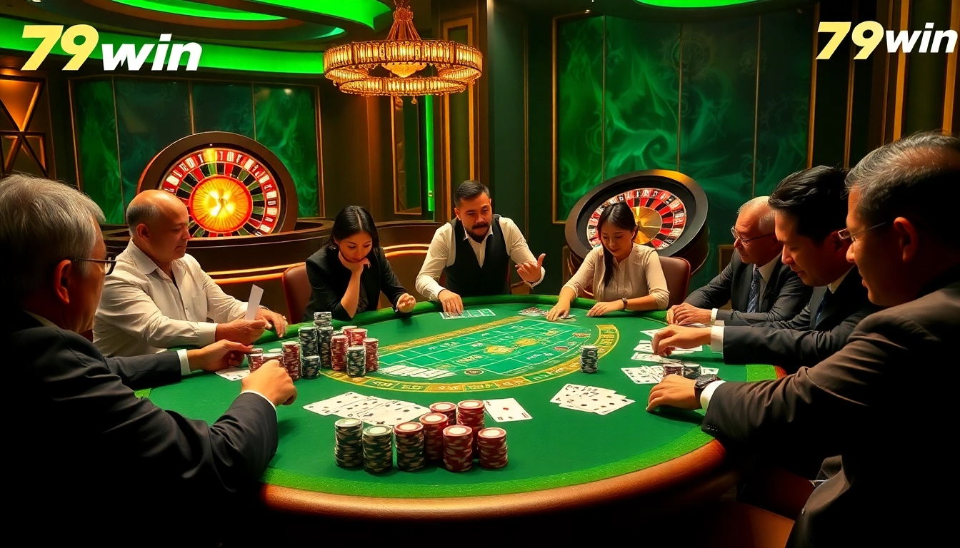 Players enjoying an intense poker game at 79win's luxurious casino table.