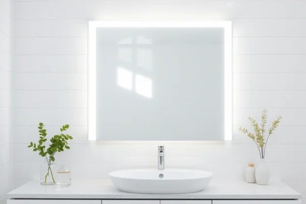 Admire an elegant led mirror enhancing a modern bathroom with stylish details.