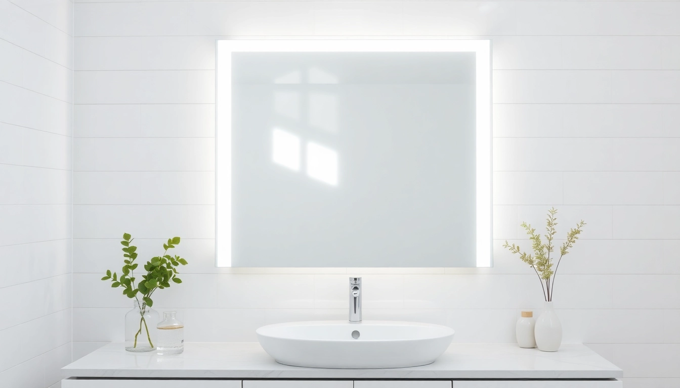 Admire an elegant led mirror enhancing a modern bathroom with stylish details.