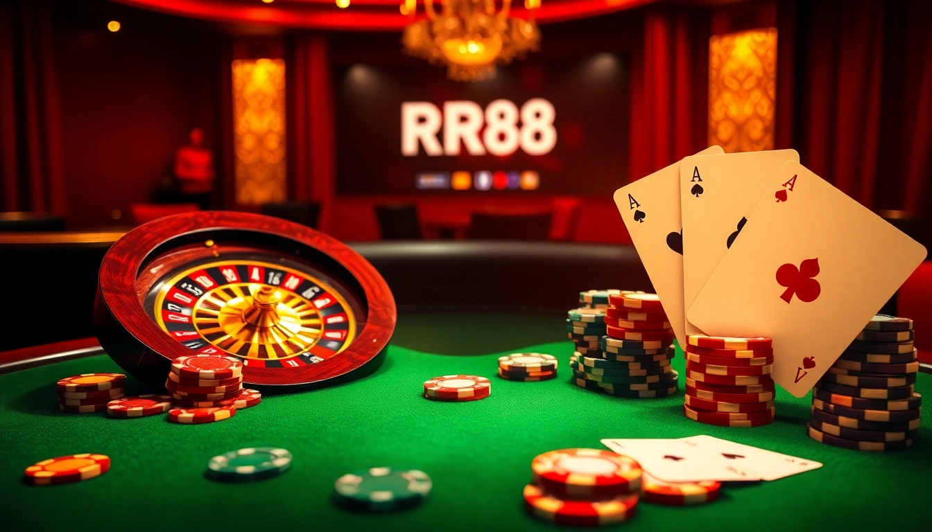 Experience the excitement of RR88 game with vibrant casino visuals featuring roulette and poker elements.