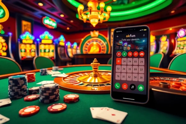 Experience the thrill of gambling with app okfun displayed on a smartphone amidst casino elements.