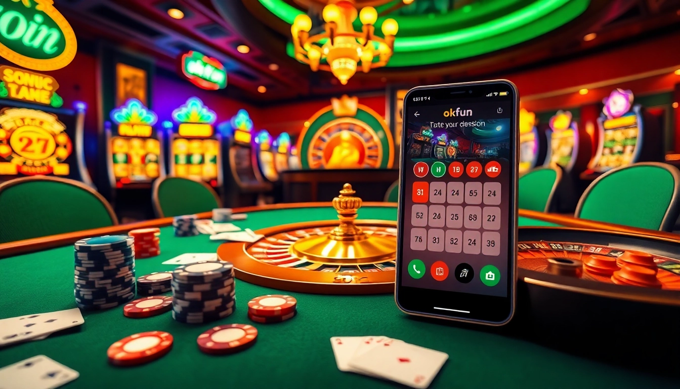 Experience the thrill of gambling with app okfun displayed on a smartphone amidst casino elements.