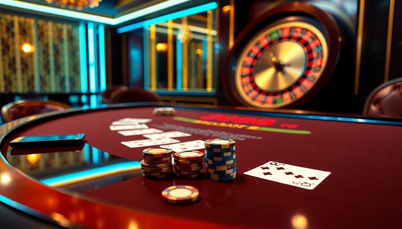 Experience the thrill of 888b with a luxurious casino scene featuring a blackjack table and a roulette wheel.