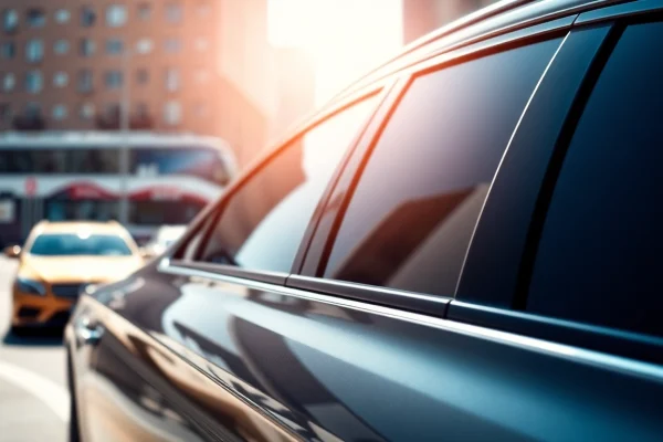Explore options for window tint near me on a sleek vehicle in an urban setting.