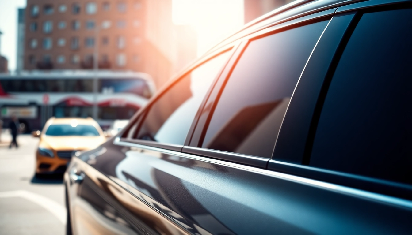 Explore options for window tint near me on a sleek vehicle in an urban setting.