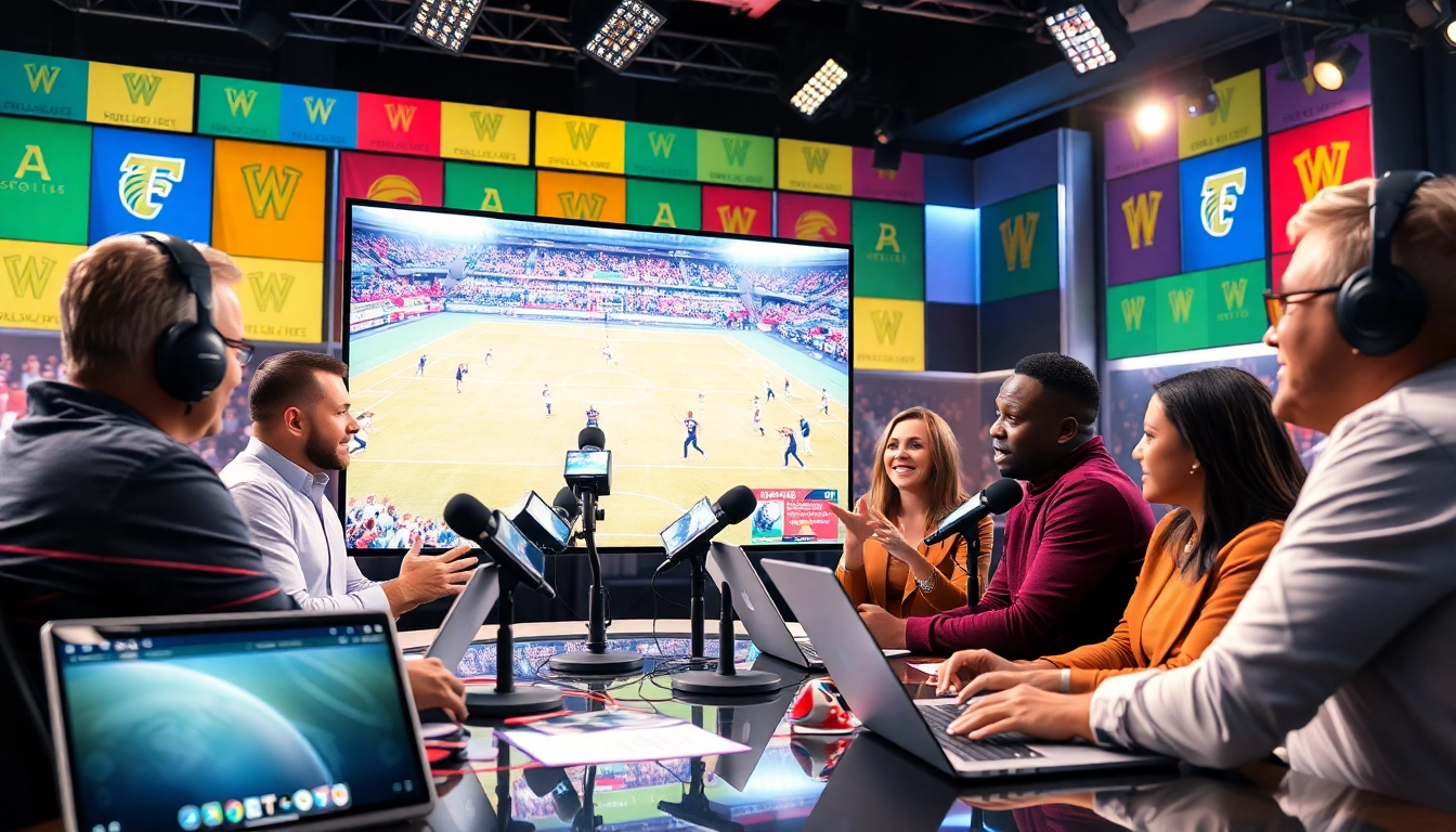 Engaging sports broadcasting filled with commentators and live sports action.