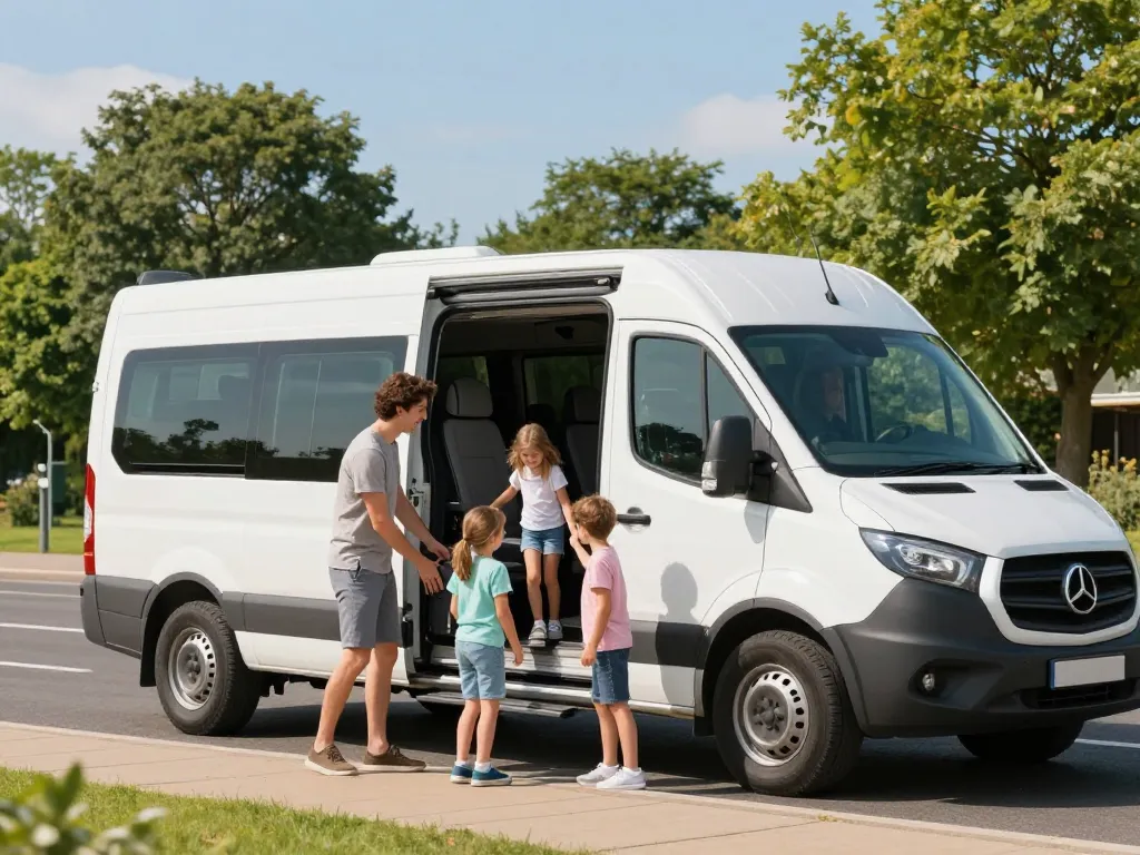 Minibu airport transfer scene with family loading luggage into a spacious minibus at Leeds Bradford Airport.