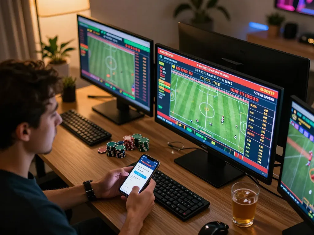 Betting in action with tỷ lệ kèo nhà cái displayed on screens during an exciting home gaming session.