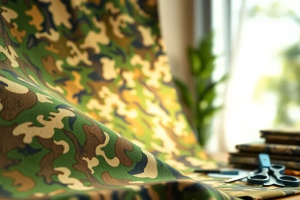 Bekijk de verschillende camouflage print stoffen met rijke texturen en natuurlijke kleuren.