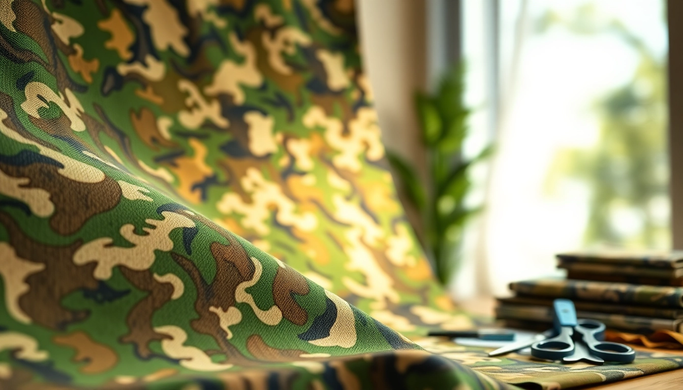 Bekijk de verschillende camouflage print stoffen met rijke texturen en natuurlijke kleuren.