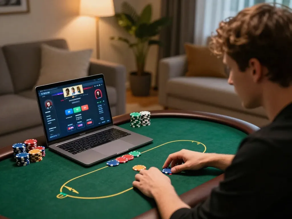 Engaging player strategizing during a kk44 online poker game in a cozy home environment.