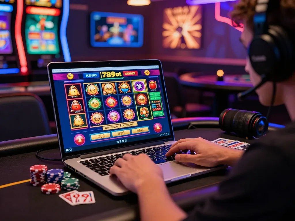 Interactive 789club online gaming experience showcasing vibrant casino games on a laptop with gaming accessories.