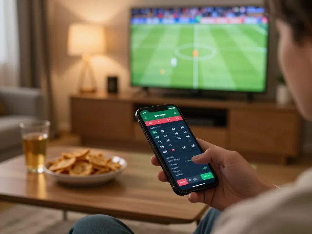 Tỷ lệ kèo nhà cái displayed on smartphone during an engaging sports betting experience at home.