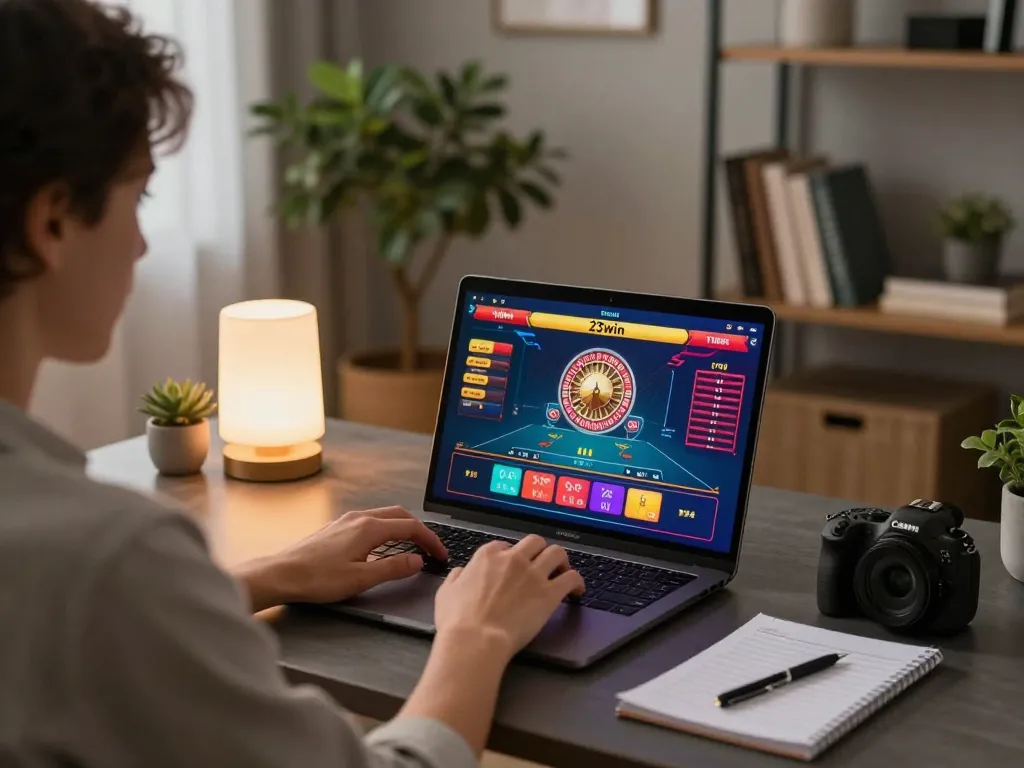 Engaged player enjoying 23win online roulette game on a stylish home office setup.